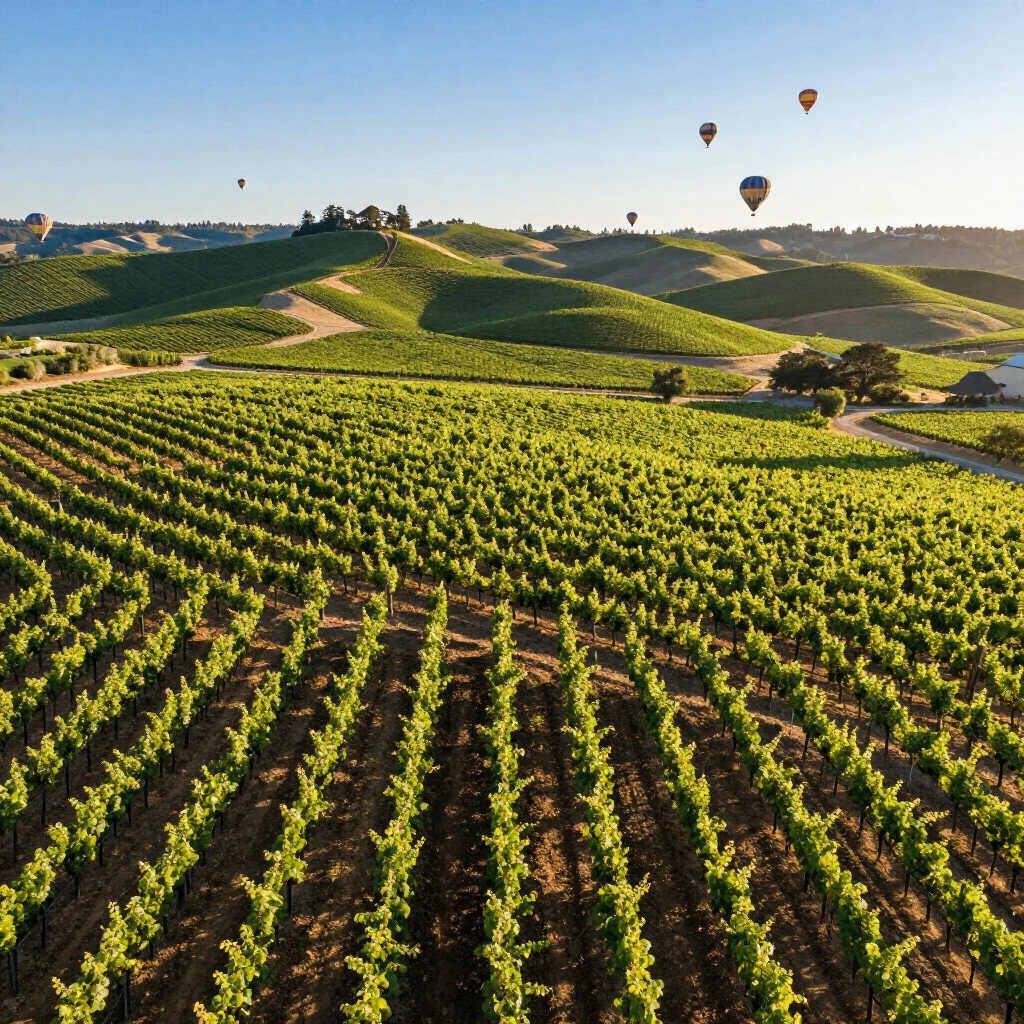 Aerial view of Napa Valley vineyards with hot air balloons on a sunny day