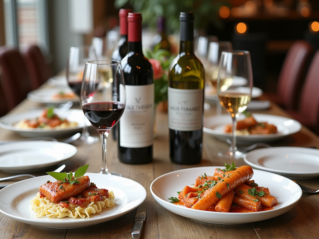 Dining table with wine and food pairings