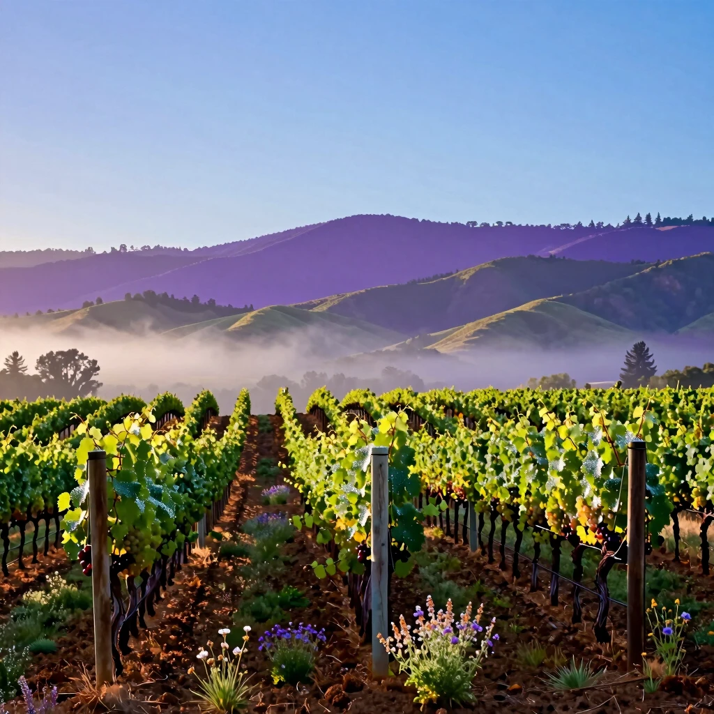 Dawn over organic vineyards in Napa Valley, showcasing Jackson Family Wines' sustainable landscapes