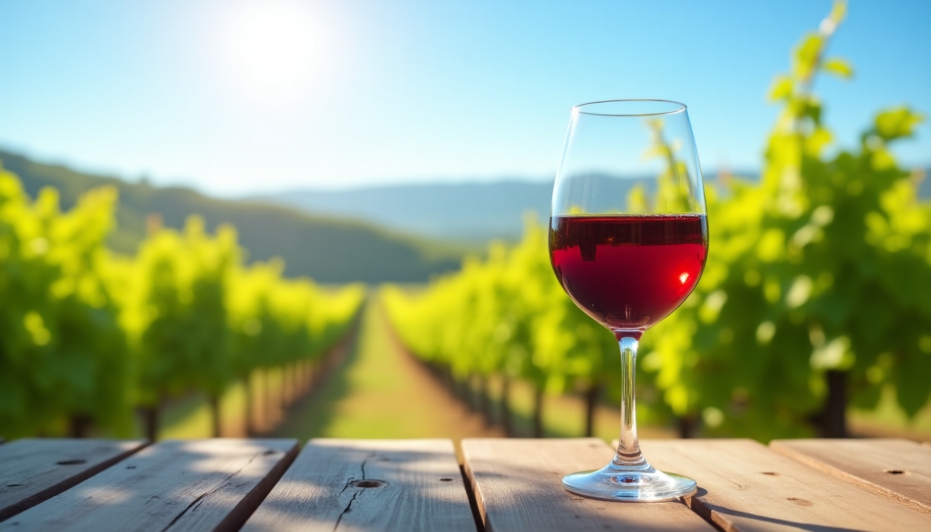 Close-up of a wine glass with red wine against the backdrop of a vineyard.