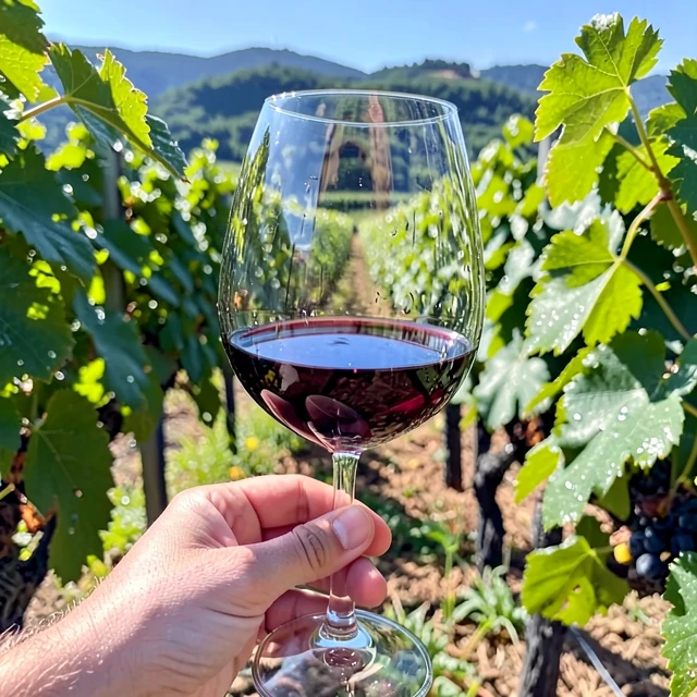 Wine glass with red wine in a California vineyard
