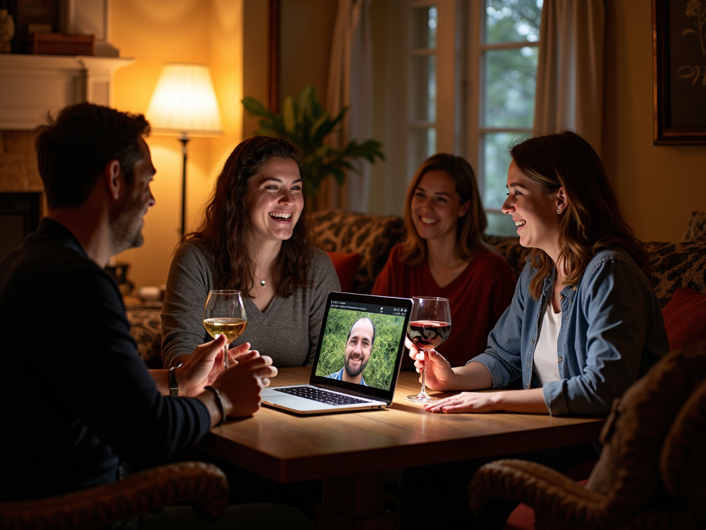 Friends enjoying a virtual wine tasting at home.