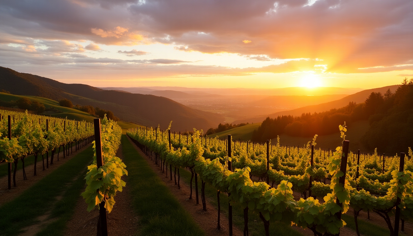 A panoramic view of the Beringer Vineyards during golden hour, showcasing rows of grapevines with a historic building in the background.