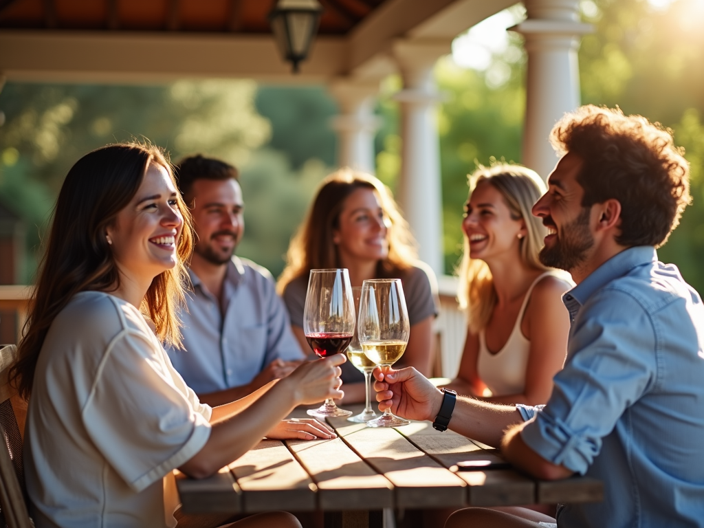Friends enjoying wine tasting on Rhine House porch