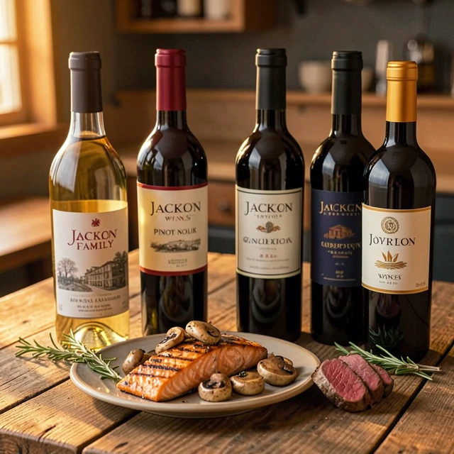 Jackson Family Wines bottles with salmon, mushrooms, and steak pairings
