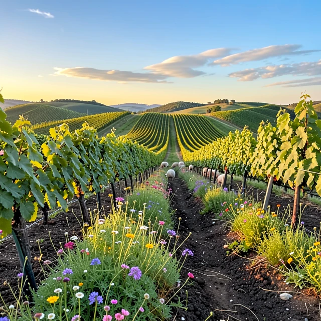 Lush regenerative vineyard with cover crops, wildflowers, and grazing sheep at sunset