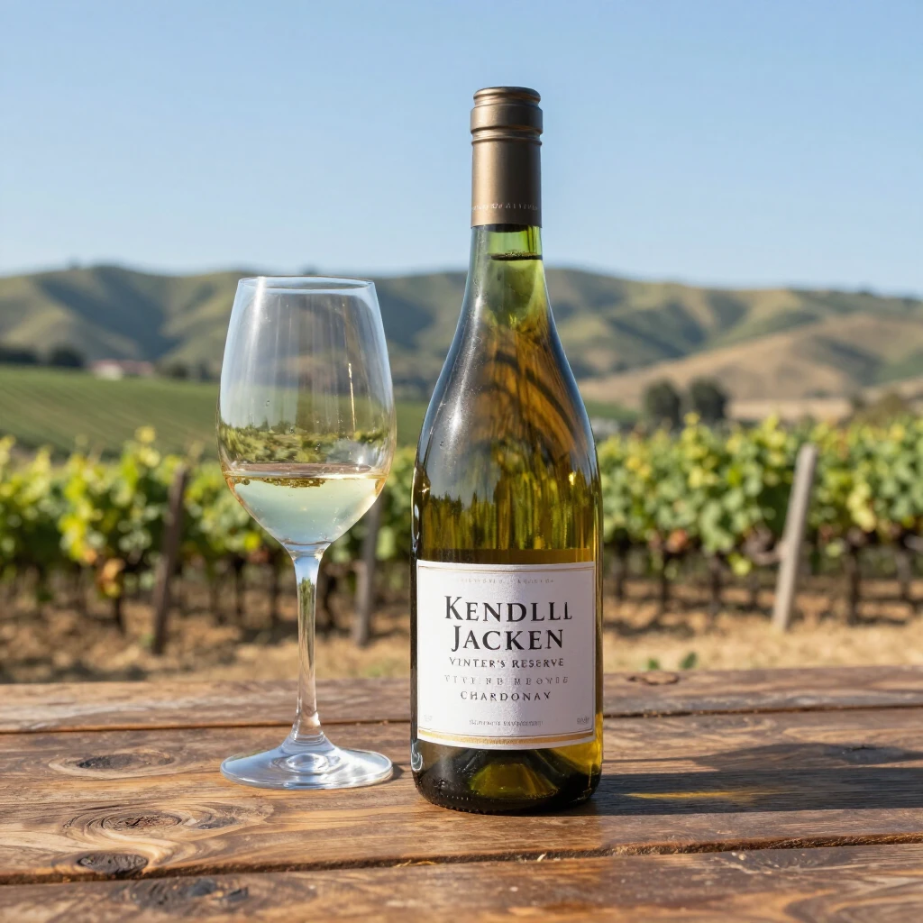 Bottle of Kendall-Jackson Vintner's Reserve Chardonnay with wine glass and vineyard backdrop