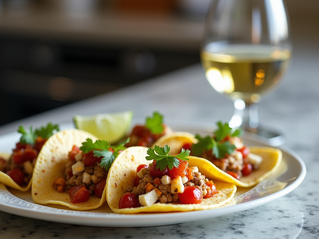 White wine with tacos on kitchen counter