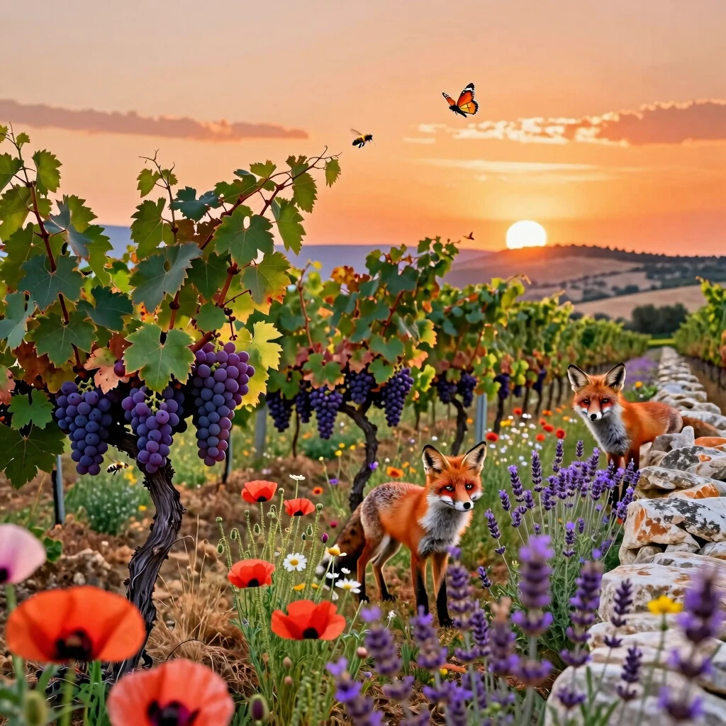 Thriving biodiversity in a vineyard with wildflowers, insects, and wildlife
