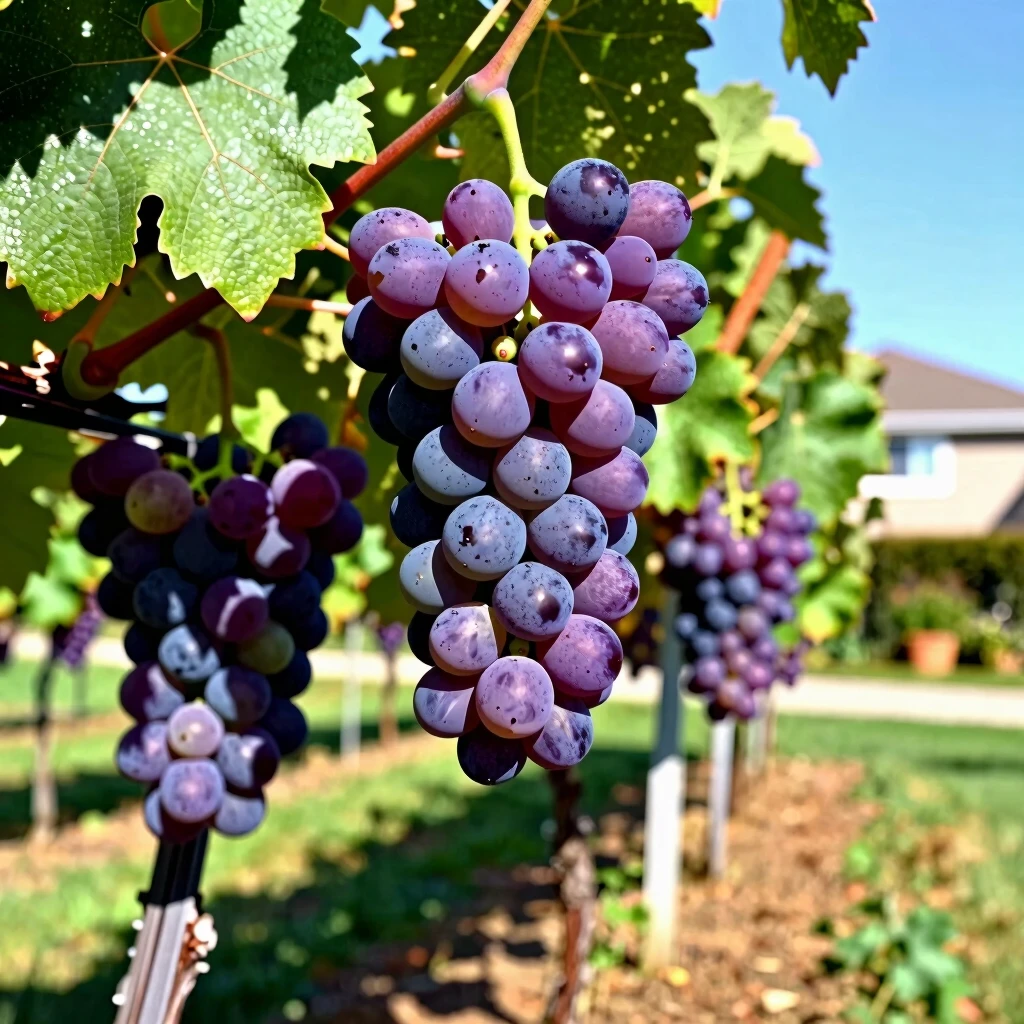 Lush backyard vineyard with ripe grapes on trellises