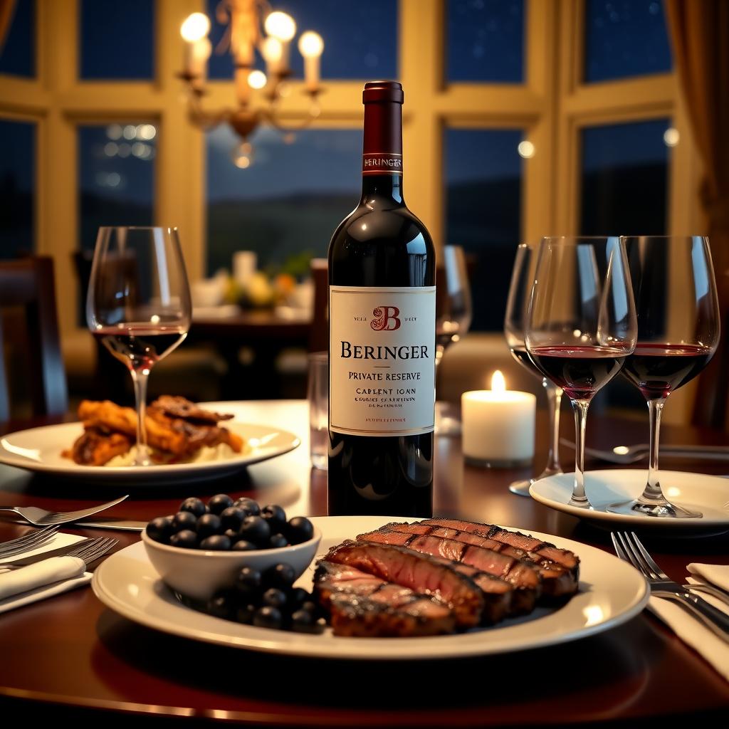 Beringer Private Reserve Cabernet Sauvignon bottle on a dining table with steak and blackberries