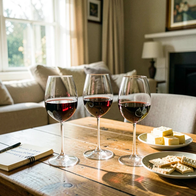 Home wine tasting setup with glasses, notes, and snacks for building your collection