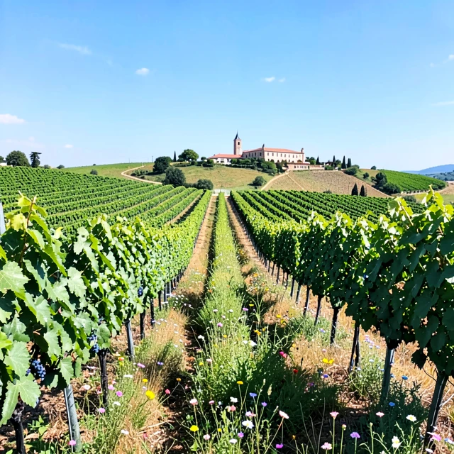 Sustainable vineyard with thriving grapevines and natural biodiversity
