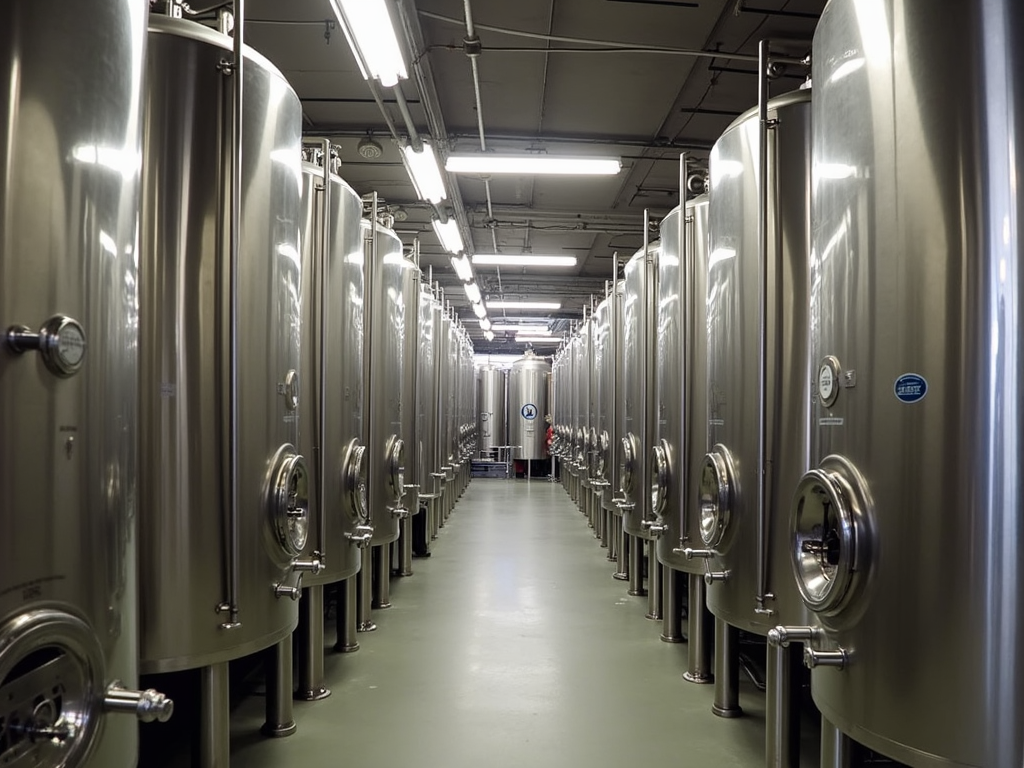 A modern stainless steel wine fermentation tank