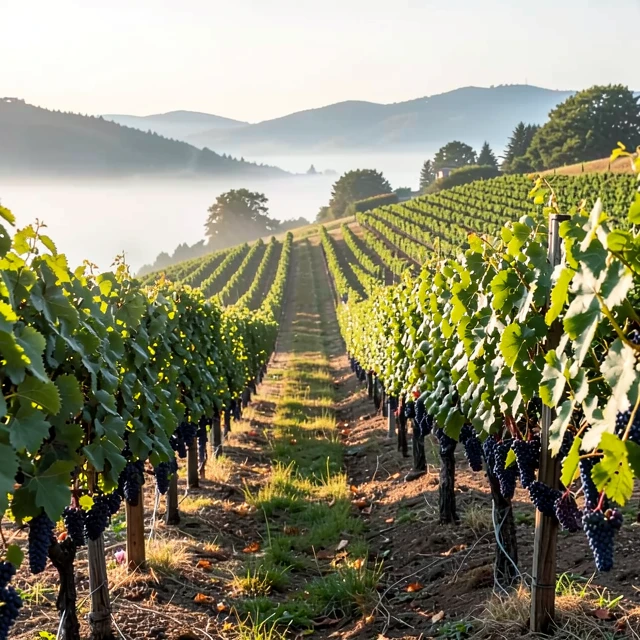 Coastal vineyard in Oregon's Willamette Valley with Pinot Noir grapes