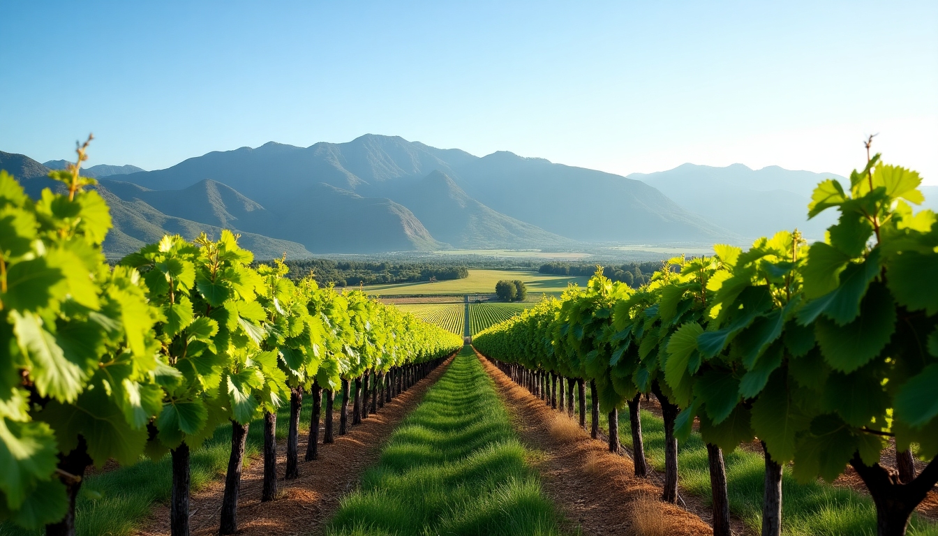 A picturesque vineyard with rows of grapevines and a scenic mountain view.