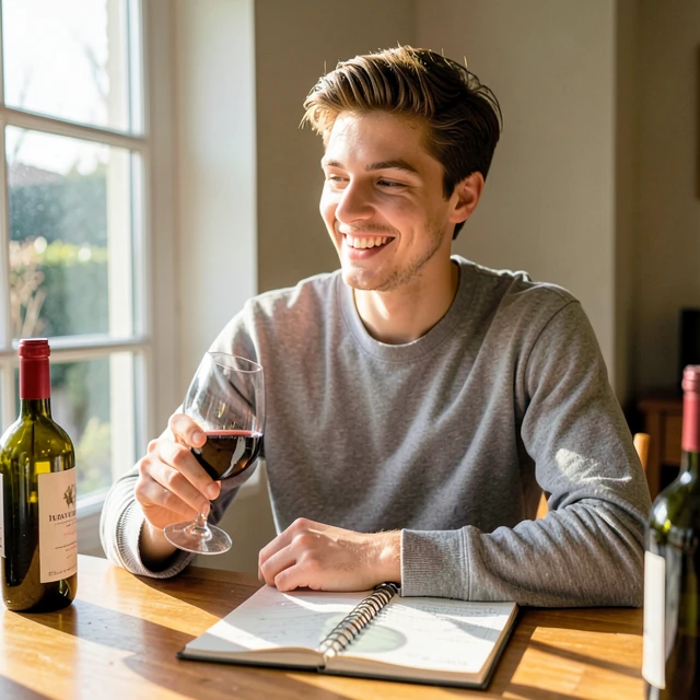 Beginner enjoying a wine tasting session at home