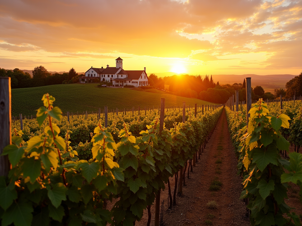 Vineyard at sunset with winery