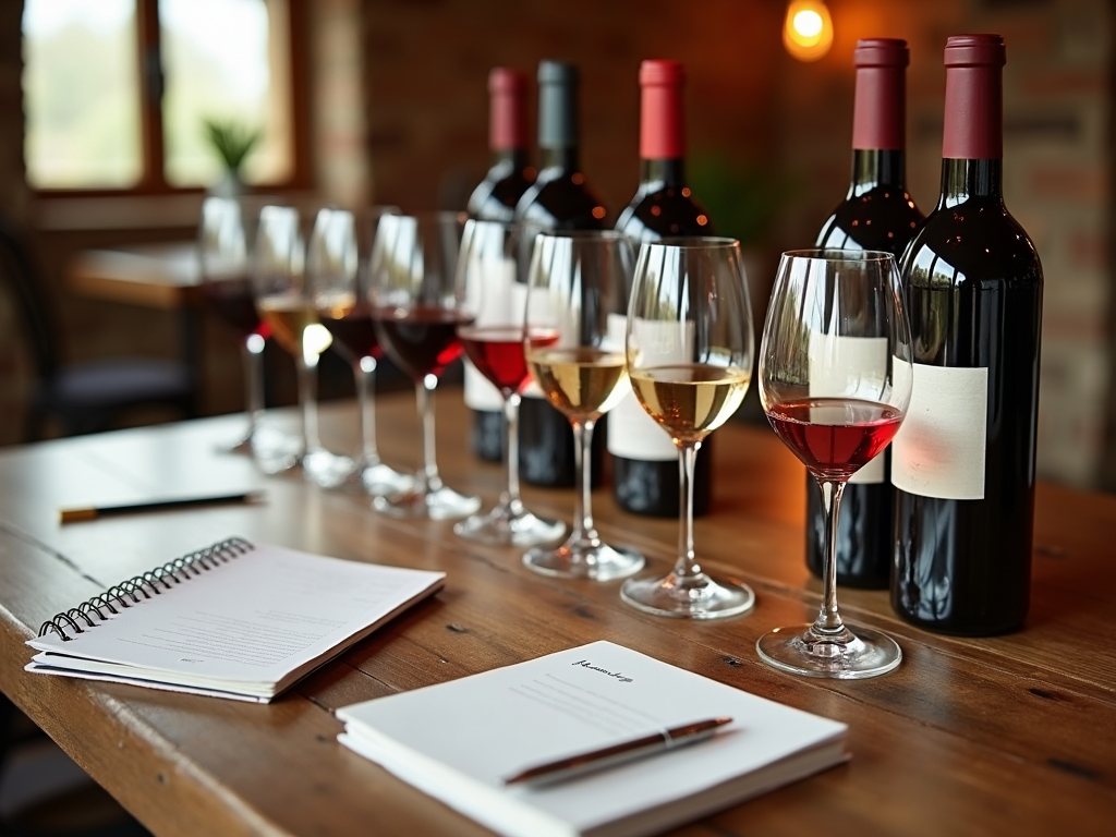 Wine tasting setup with glasses, bottles, and a notebook