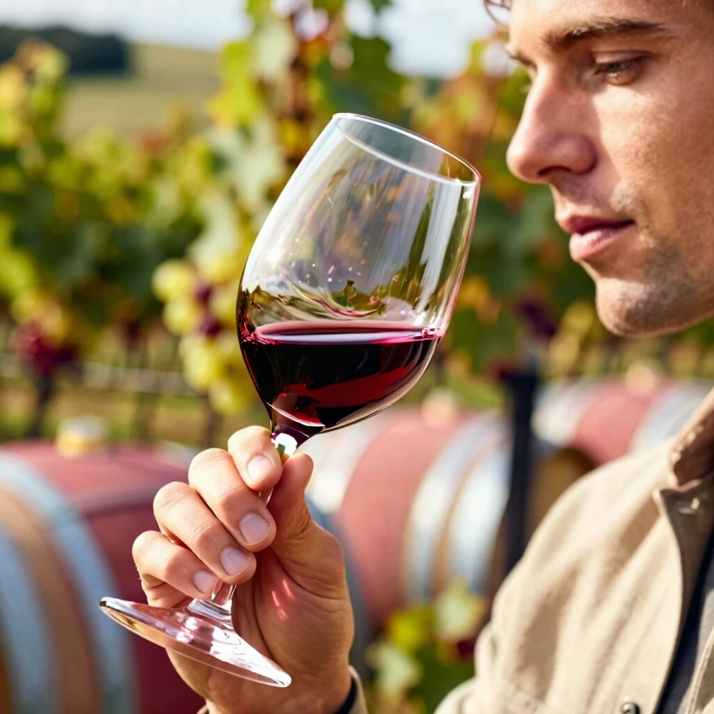 Person professionally tasting and swirling red wine in a winery