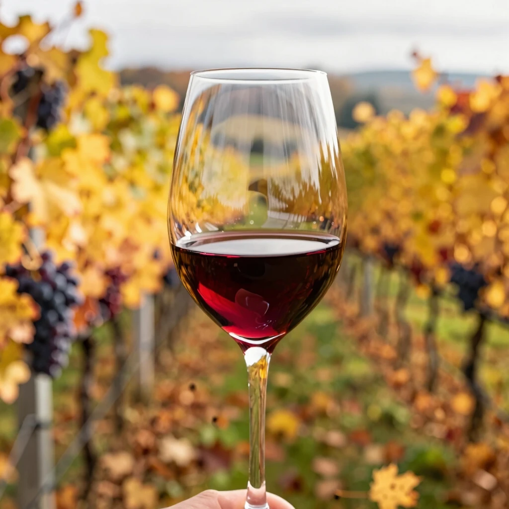 A glass of Pinot Noir in a fall vineyard setting