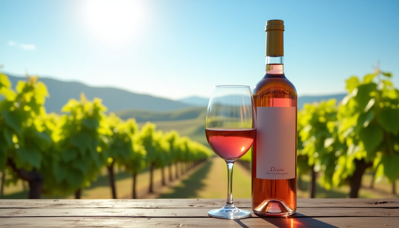 Wine glass and bottle against a vineyard backdrop, highlighting the wine's origin.