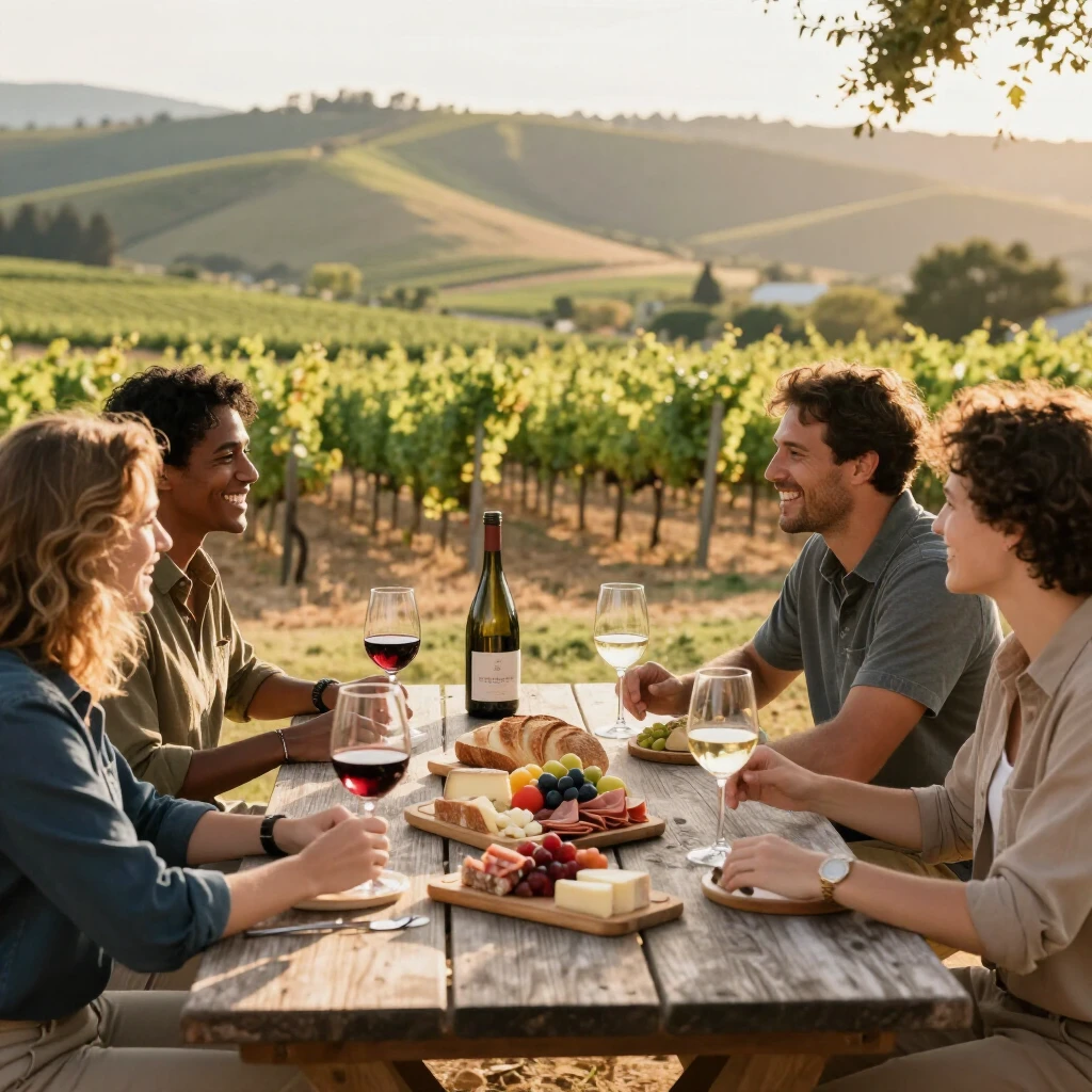 Friends wine tasting with vineyard views in Sonoma