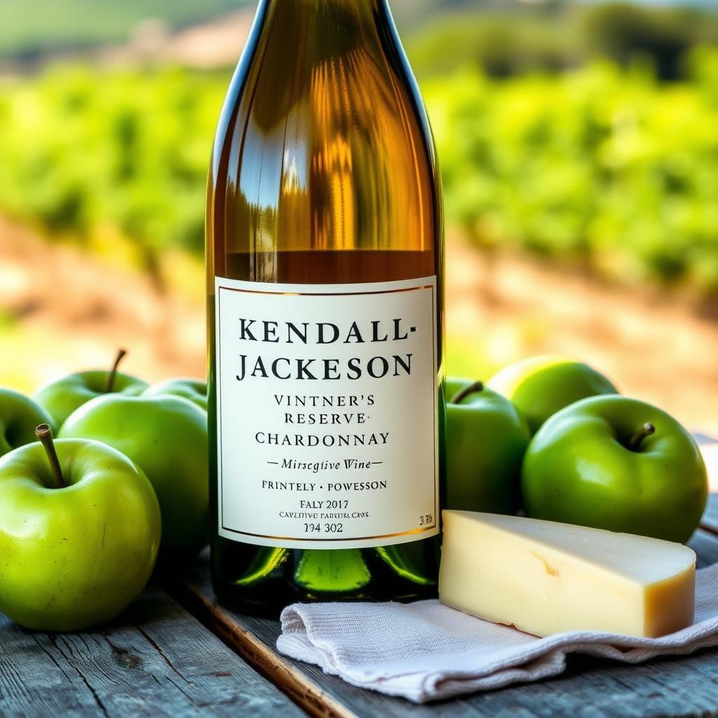 Chilled bottle of Kendall-Jackson Chardonnay on a rustic table with apples and brie cheese.