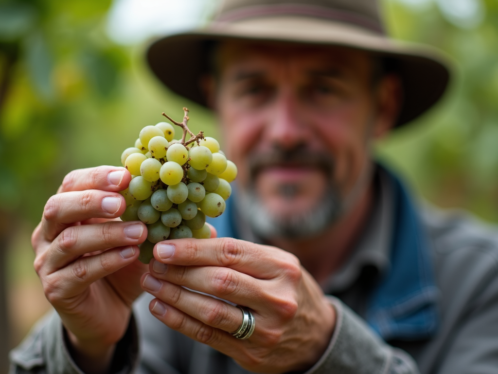 Winemaker inspecting grapes, highlighting the attention to detail in the winemaking process.