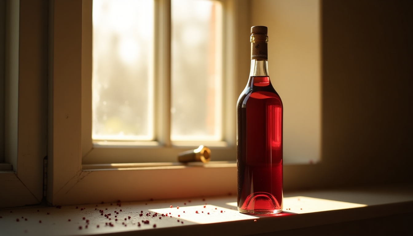 A red wine bottle in sunlight on a windowsill.