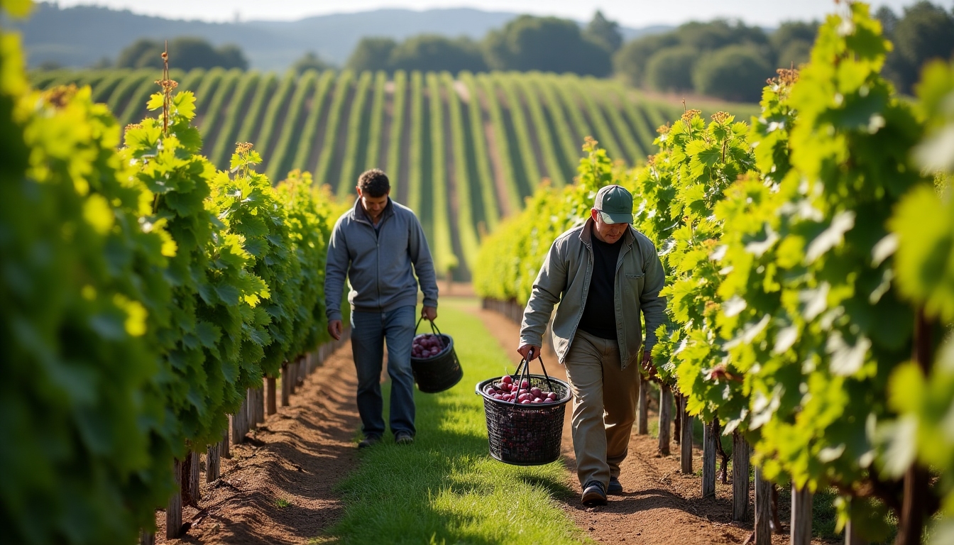 Workers handpicking grapes in an organic vineyard.