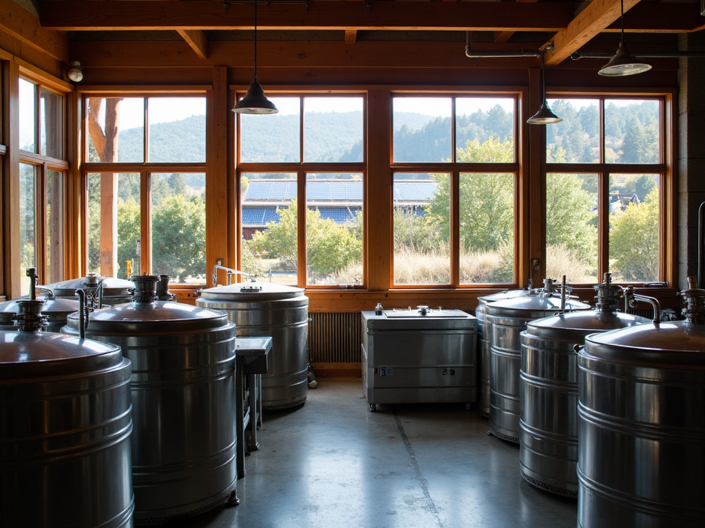Interior of a sustainable winery with solar panels and natural lighting.