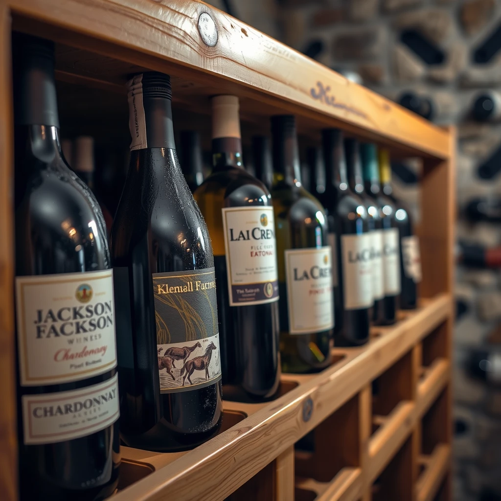 Assortment of Jackson Family Wines bottles on a cellar rack