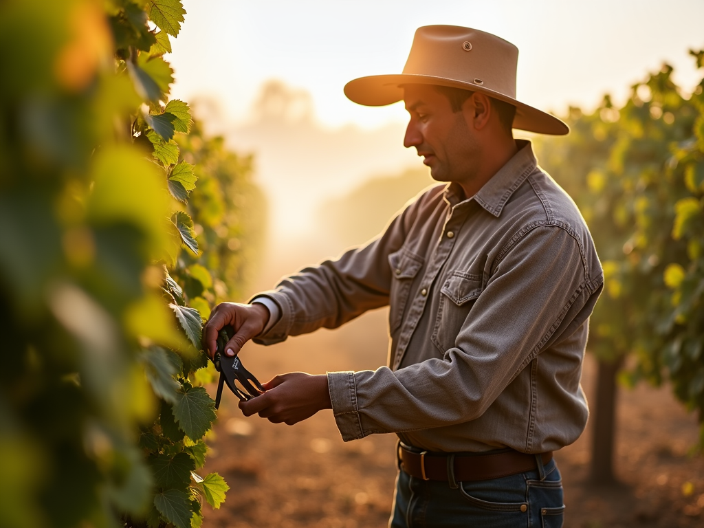 Farmer pruning vines in vineyard