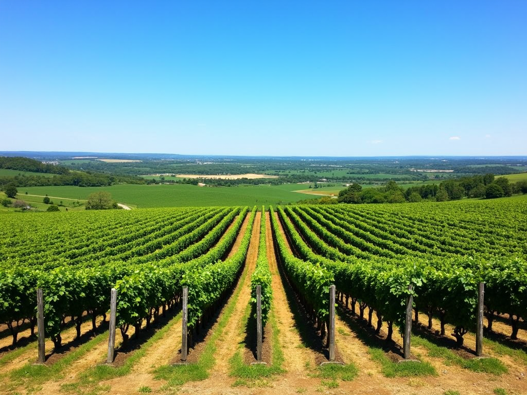 A beautiful vineyard landscape with rows of grapevines under a clear blue sky.