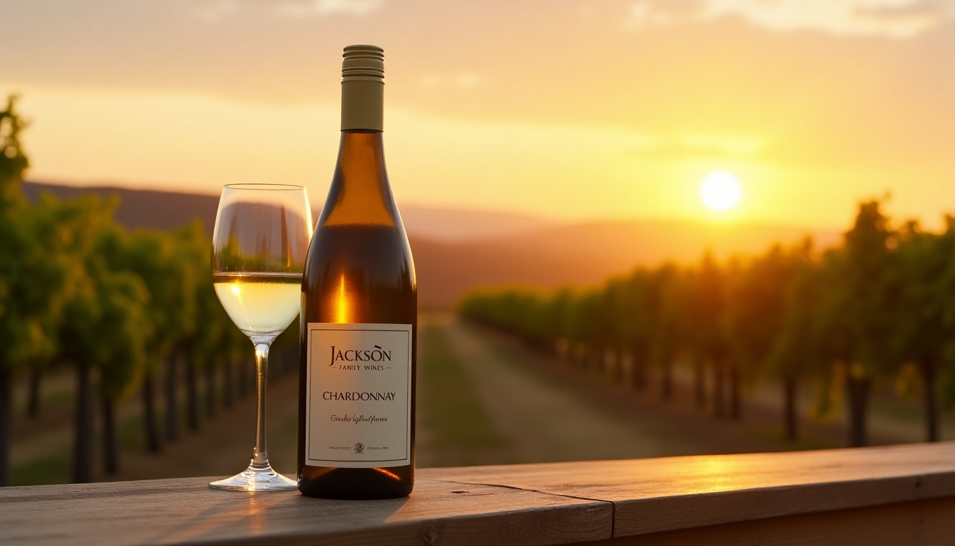 AI-generated image of a Jackson Family Wines Chardonnay bottle with vineyard backdrop
