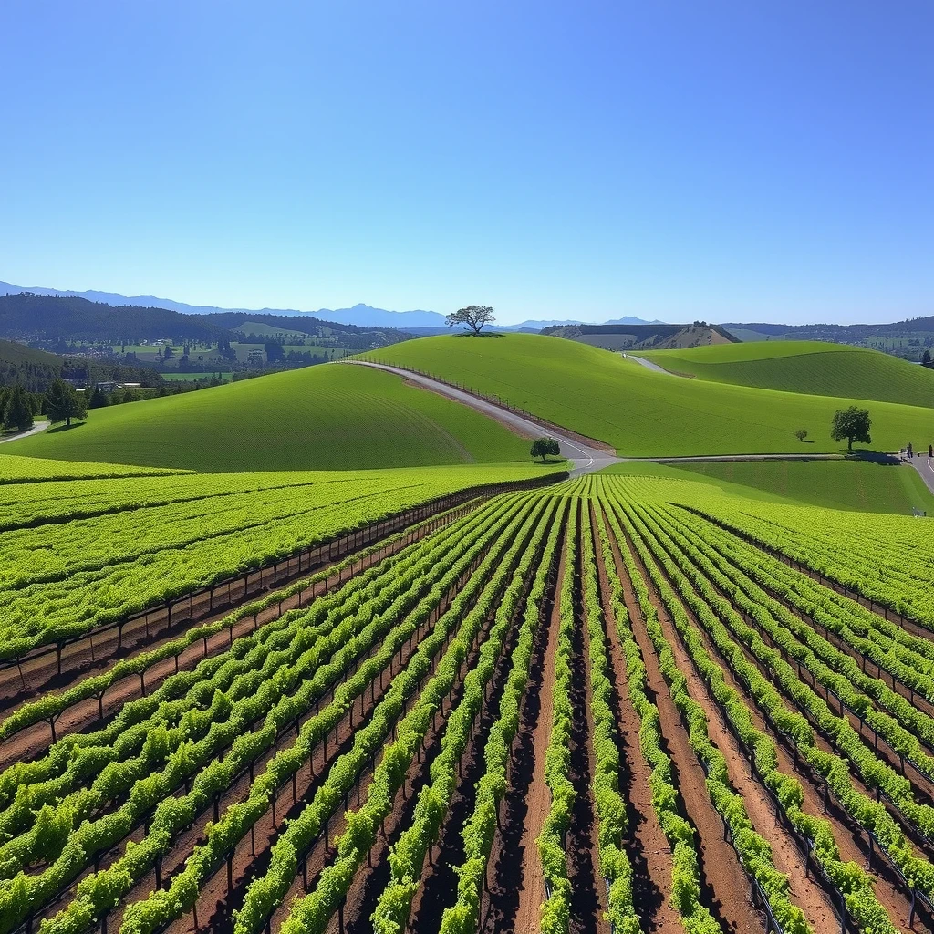 Aerial view of lush Napa Valley vineyards with rolling hills and mountains in the background