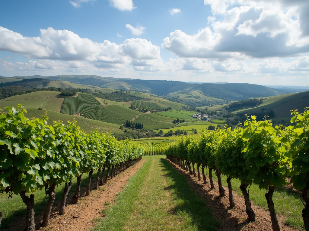 Rolling vineyard hills under partly cloudy sky
