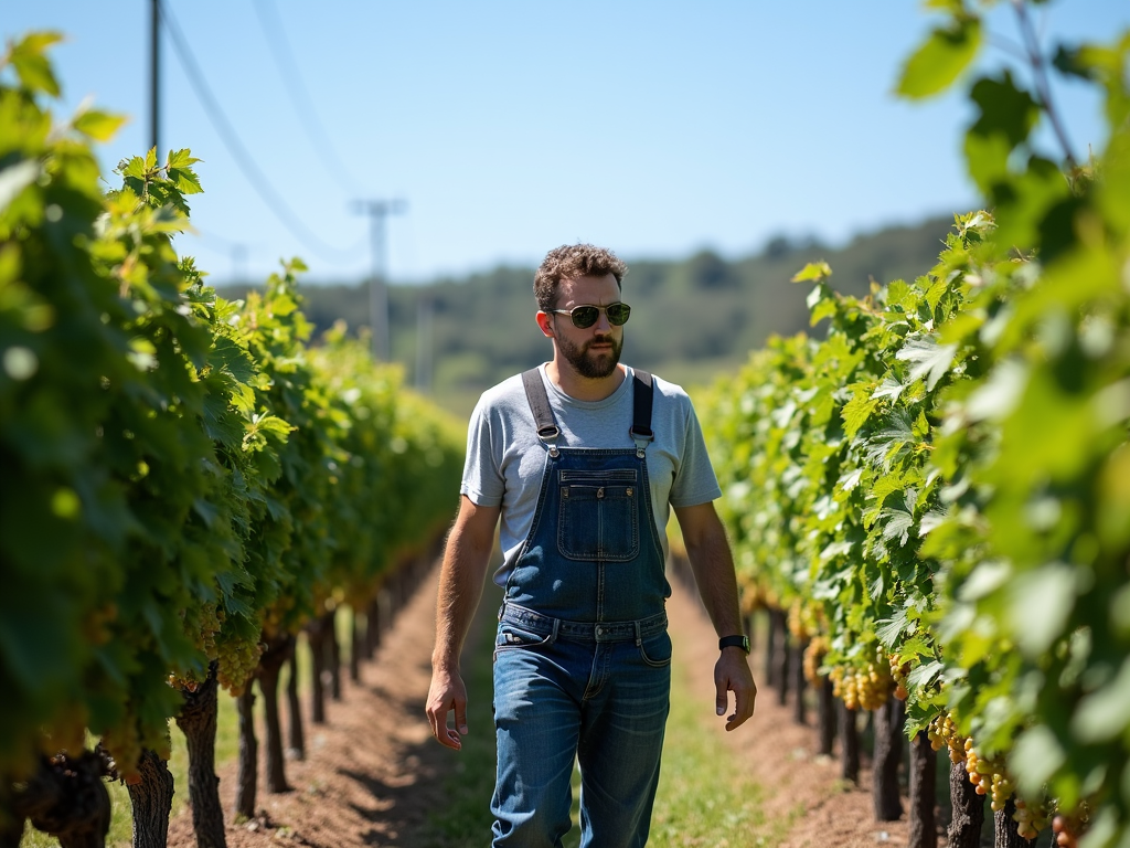Winemaker in a vineyard with cover crops and a blue sky.