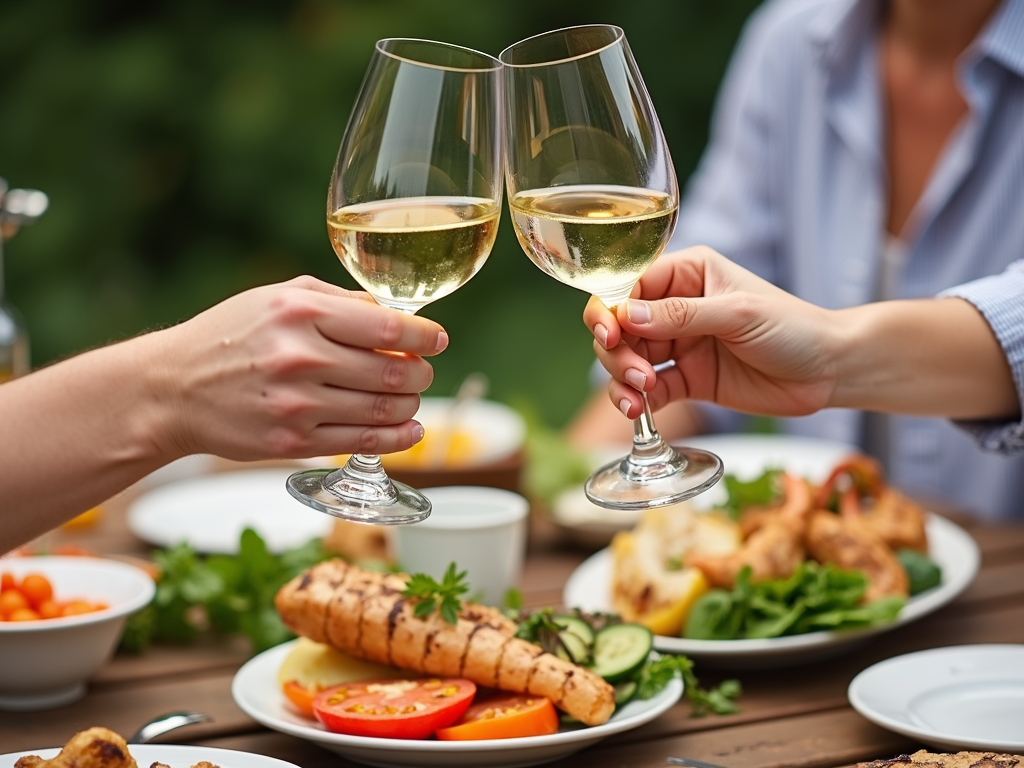 Toasting with white wine over summer meal