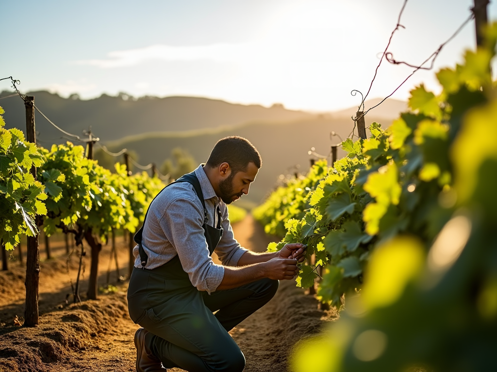 A vineyard worker pruning vines in a sunny landscape.