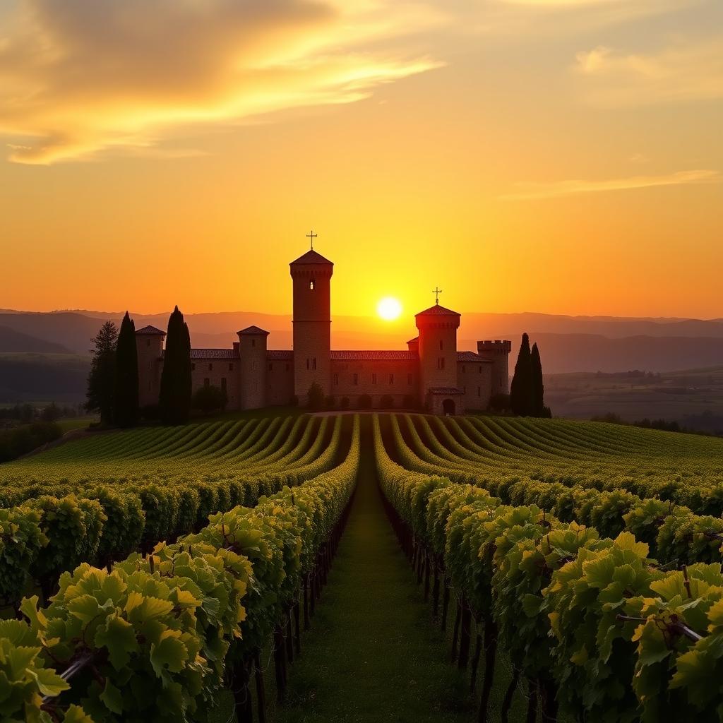 Castello di Amorosa’s Tuscan-style castle nestled among Napa Valley vineyards at sunset.