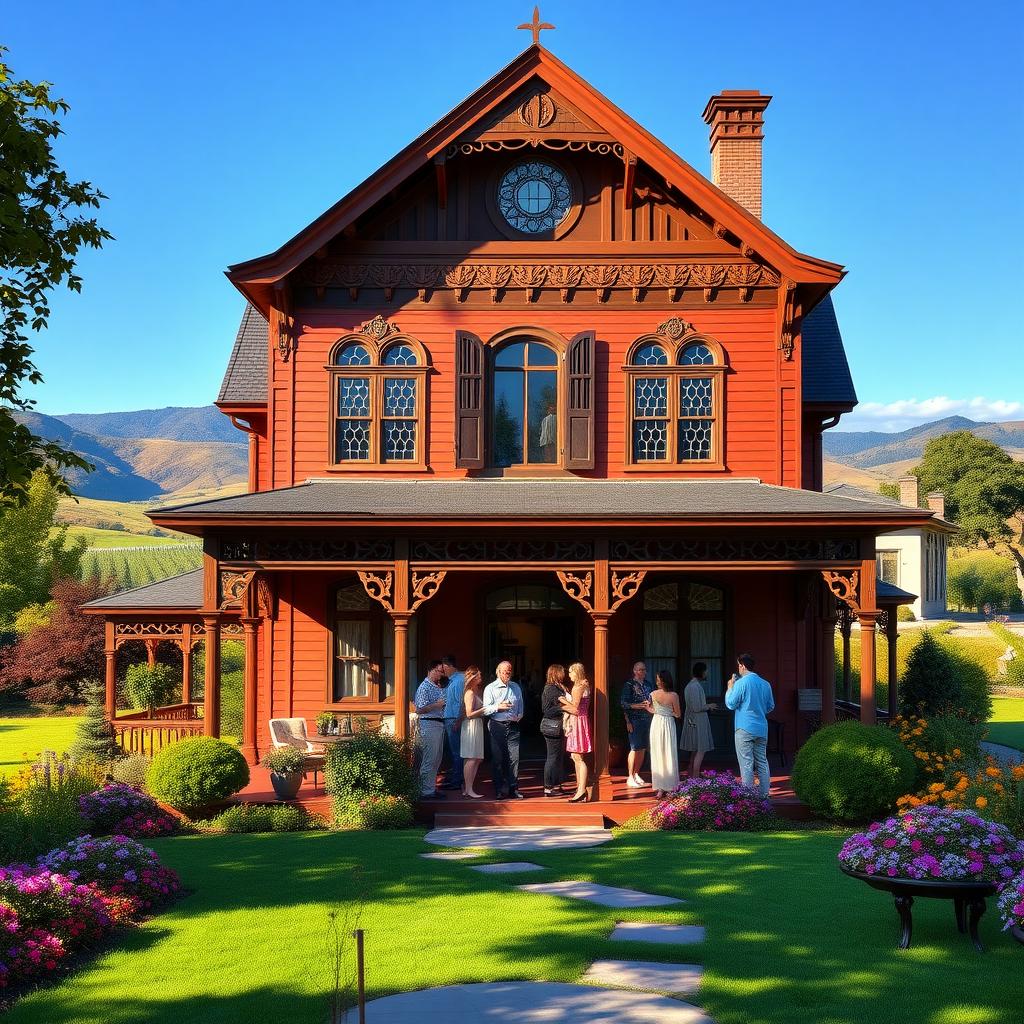 The historic Rhine House at Beringer Vineyards with guests enjoying wine on the porch, surrounded by gardens and Napa Valley hills.