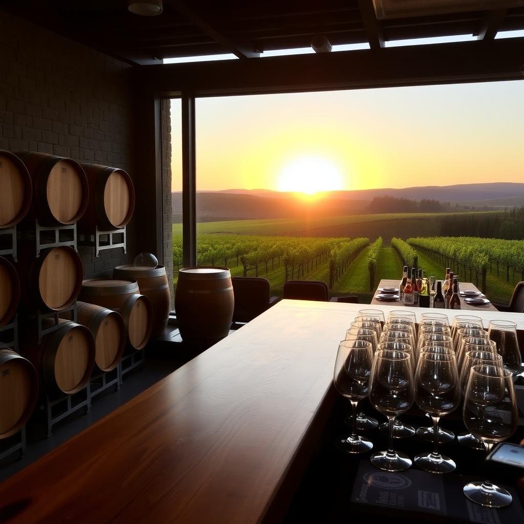 Cozy vineyard tasting room with wooden barrels and wine glasses, overlooking Sonoma County hills at sunset.