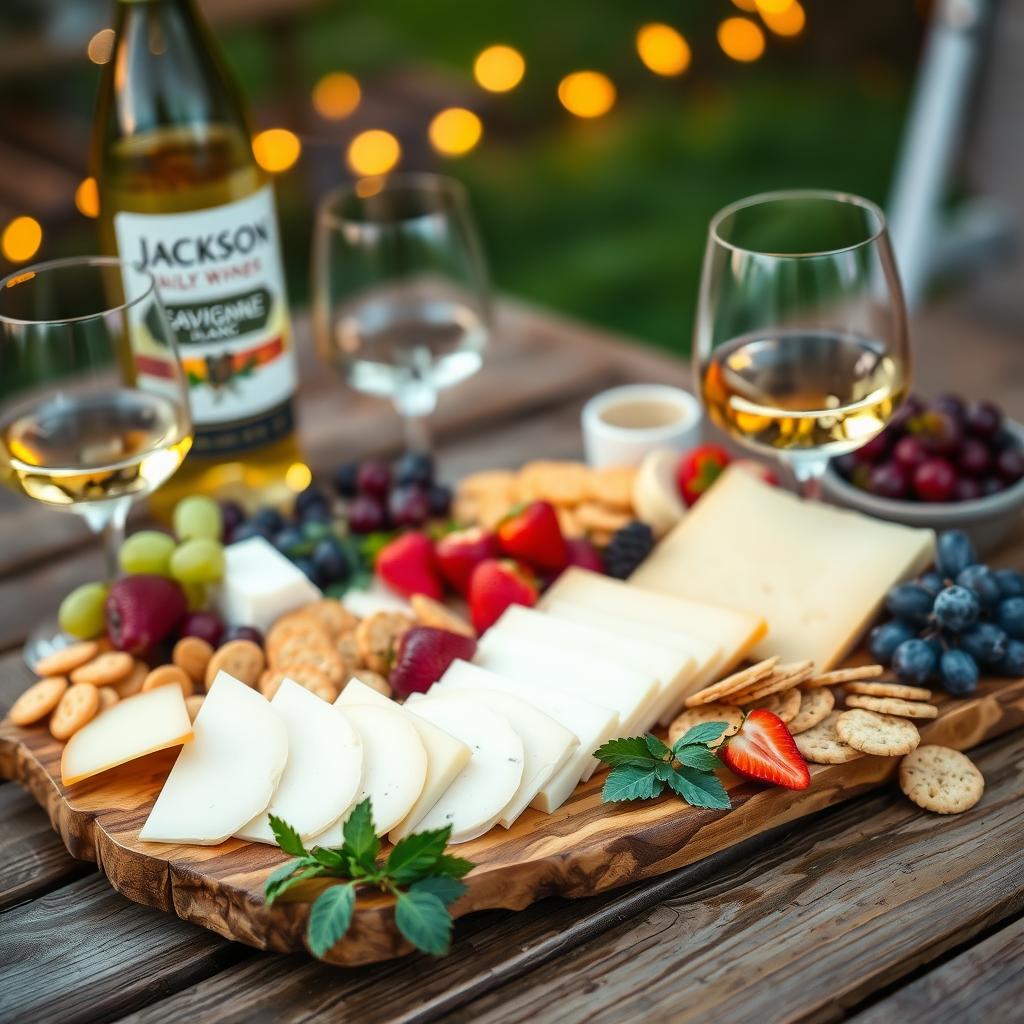 Outdoor cheese and fruit board with Jackson Family Wines Sauvignon Blanc and fairy lights.