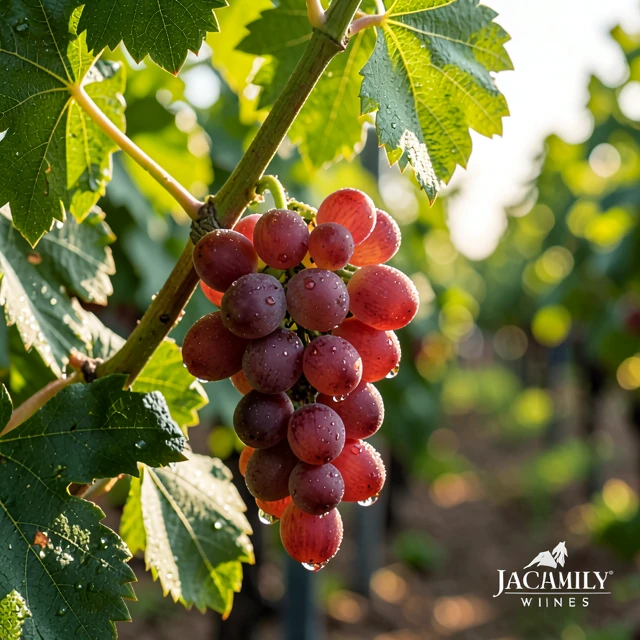 Close-up of ripe red grapes on the vine at a Jackson Family Wines vineyard, with morning dew