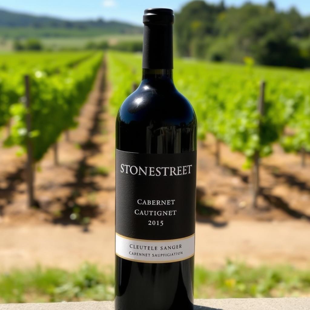 Stonestreet Cabernet Sauvignon bottle with vineyard background.