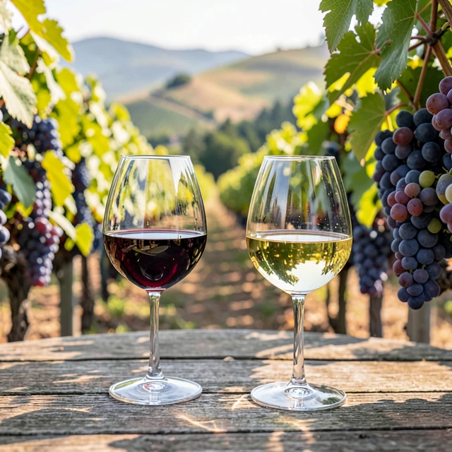 Wine tasting glasses on a table with vineyard backdrop
