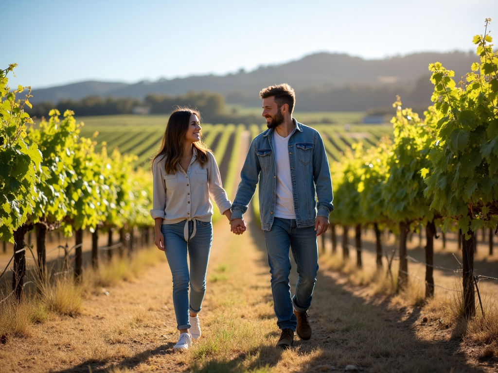 Couple walking in Beringer vineyards