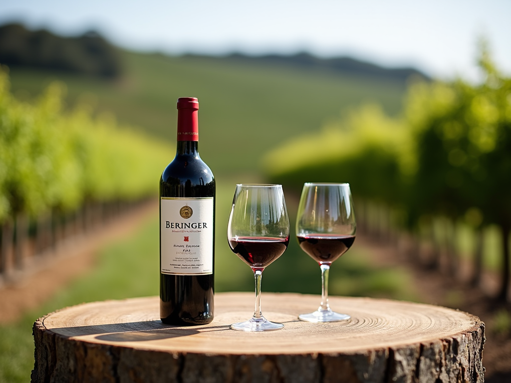 Beringer wine bottle and glasses on a table